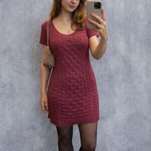 Y2K Burgundy Knit Sweater Dress Cap Sleeve Back Zip Medium